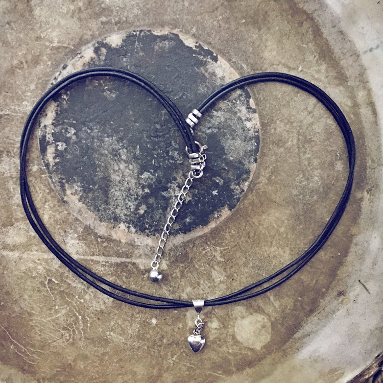 sterling silver puffy heart charm leather choker necklace // wrap bracelet - Peacock & Lime , the original Peacock and Lime boho jewelry