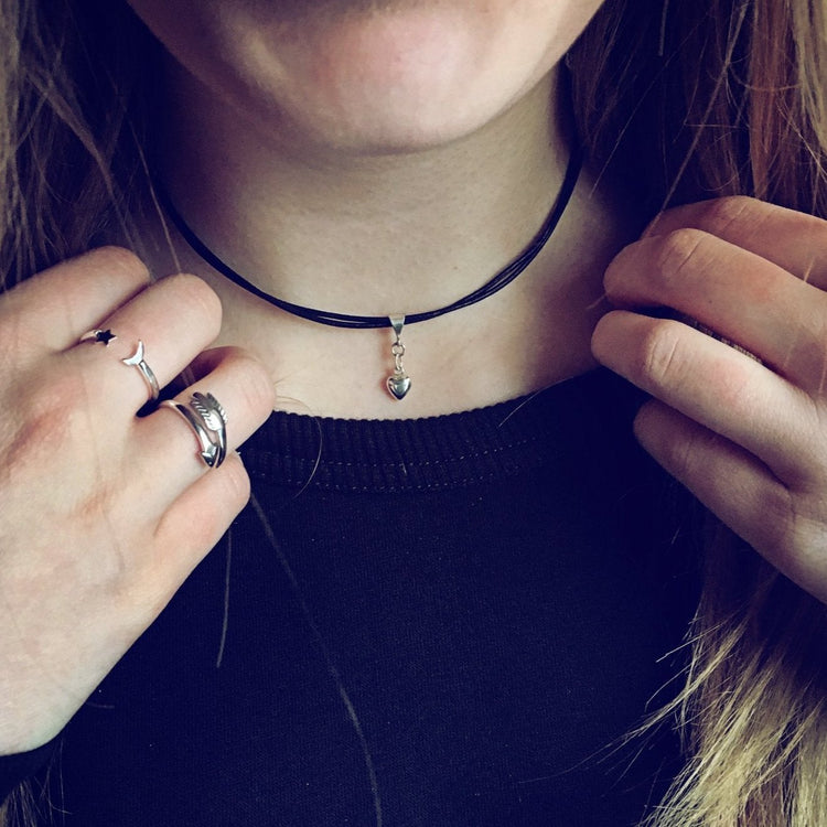 sterling silver puffy heart charm leather choker necklace // wrap bracelet - Peacock & Lime , the original Peacock and Lime boho jewelry