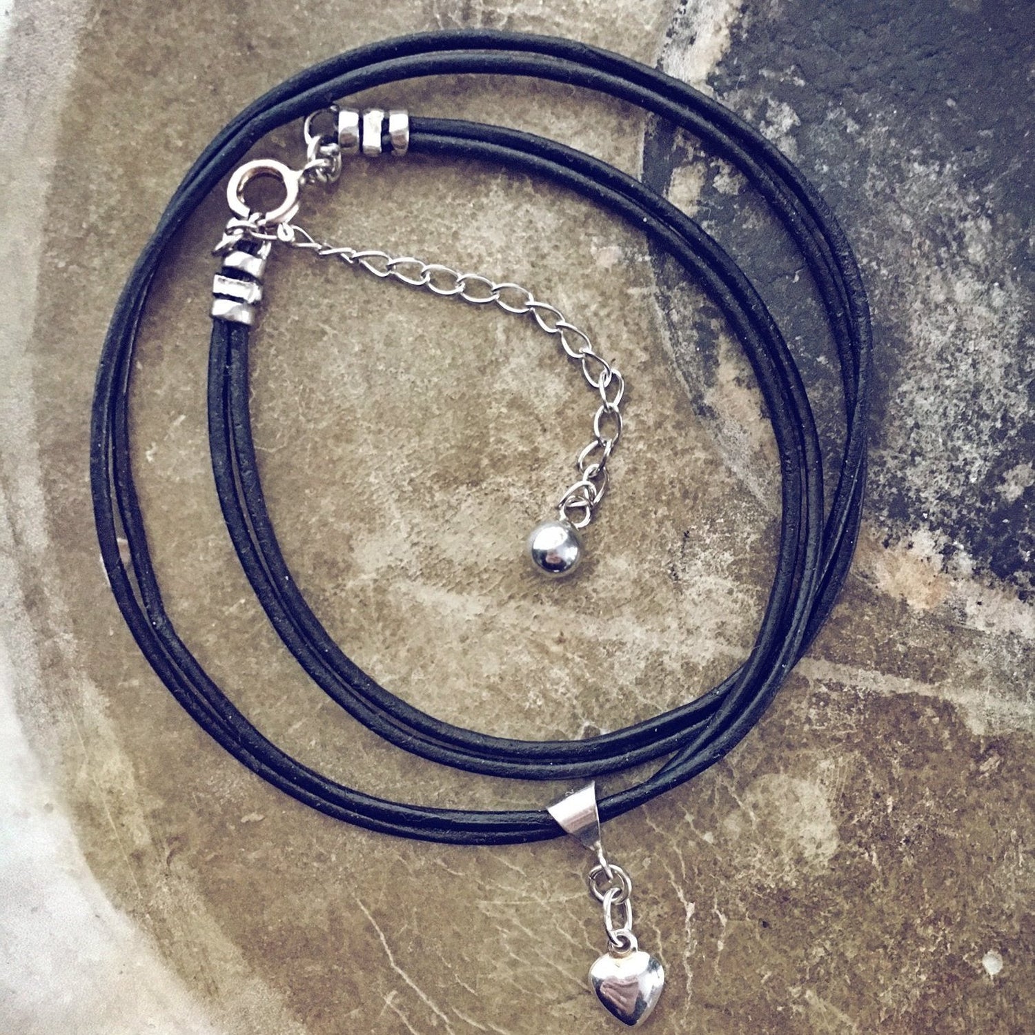 sterling silver puffy heart charm leather choker necklace // wrap bracelet - Peacock & Lime , the original Peacock and Lime boho jewelry