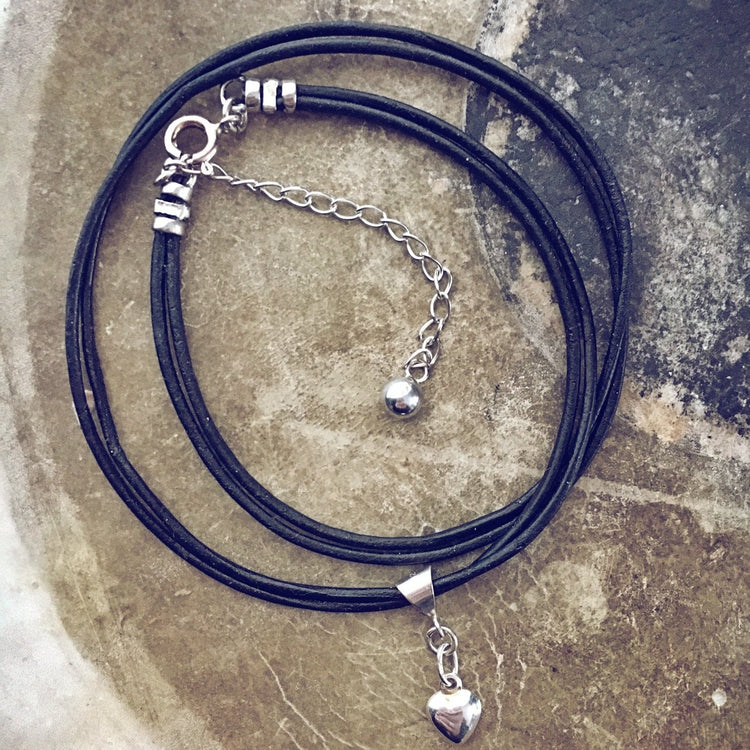 sterling silver puffy heart charm leather choker necklace // wrap bracelet - Peacock & Lime , the original Peacock and Lime boho jewelry