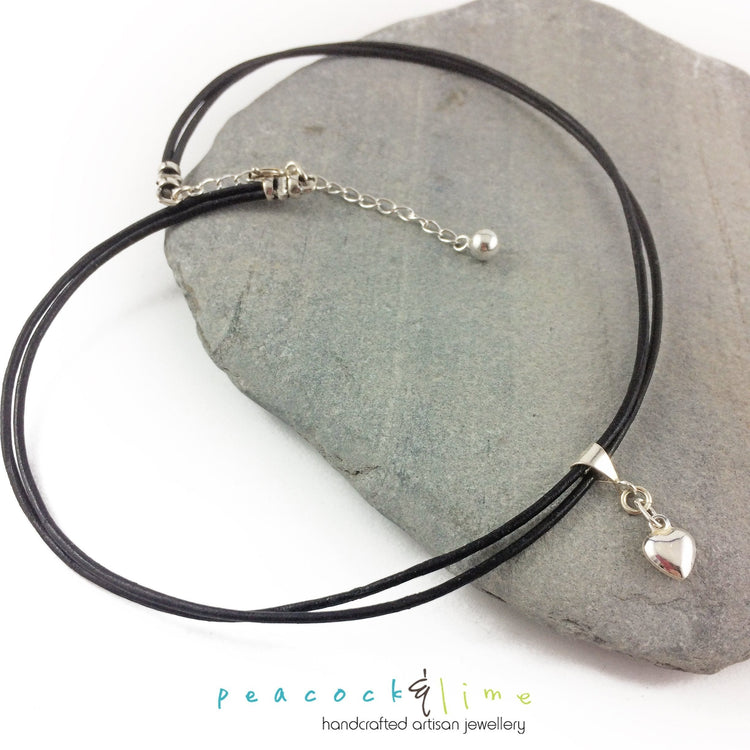 sterling silver puffy heart charm leather choker necklace // wrap bracelet - Peacock & Lime , the original Peacock and Lime boho jewelry