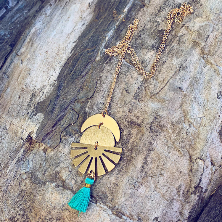 sun down // crescent moon, sun rays & tassel drop necklace by Peacock & Lime