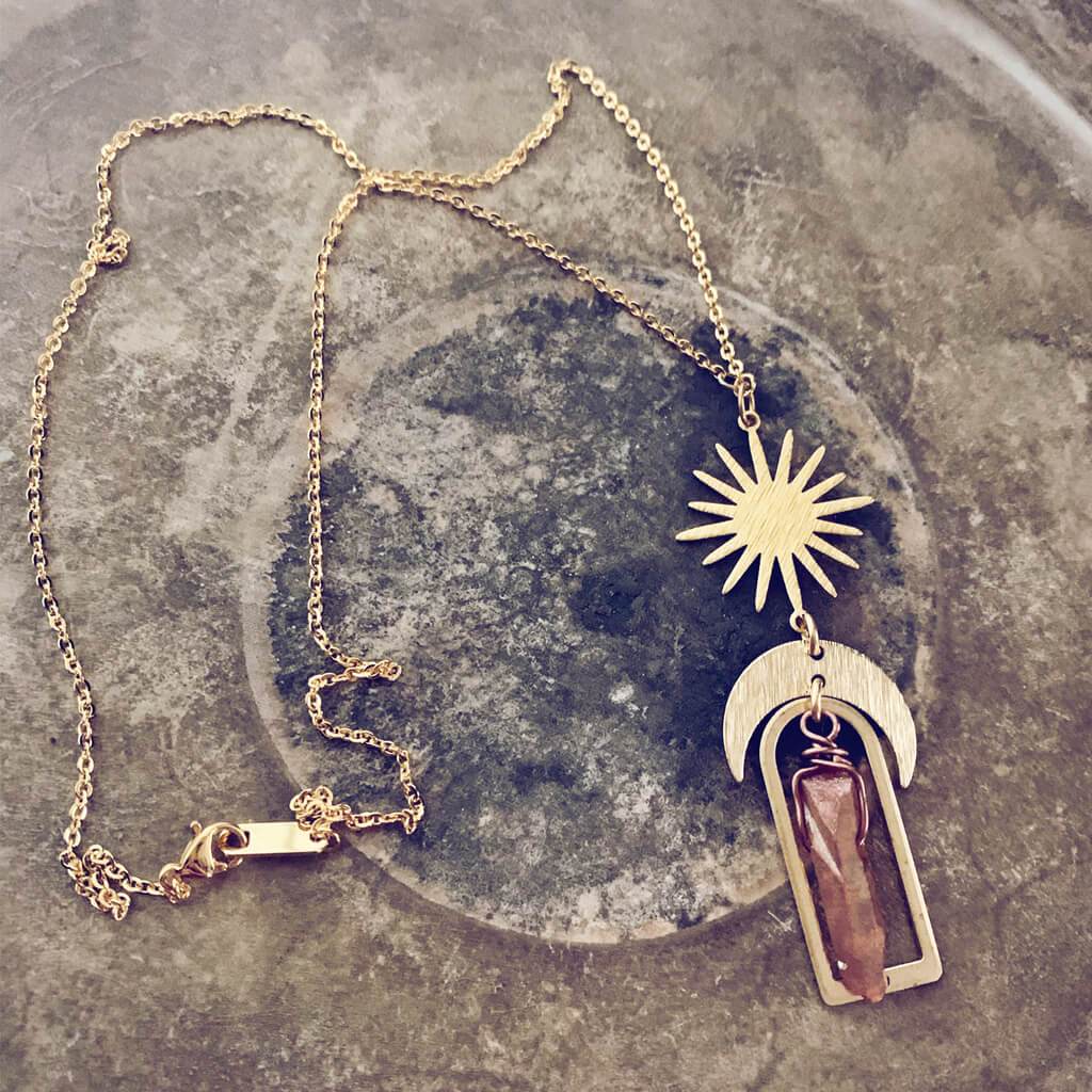 sun gazer // sun, crescent moon & canyon quartz crystal pendant - Peacock & Lime , the original Peacock and Lime boho jewelry