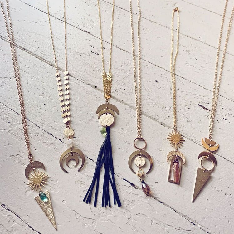 boho brass sun, moon, star, geometric necklaces - Peacock & Lime , the original Peacock and Lime boho jewelry