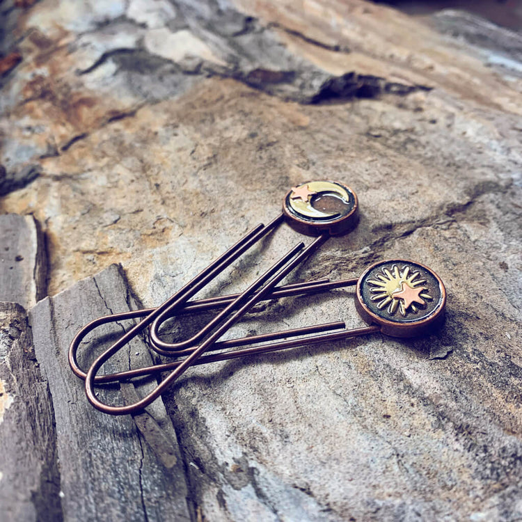 written in the stars // set of 2 sun moon & stars paperclip book or page markers - copper - by Peacock and Lime