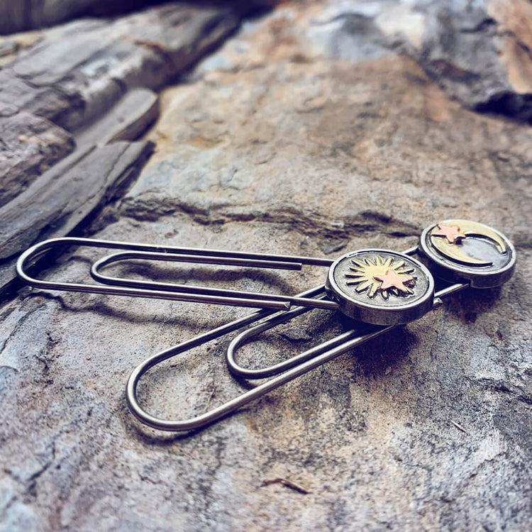 written in the stars // set of 2 sun moon & stars paperclip book or page markers - silver - by Peacock and Lime