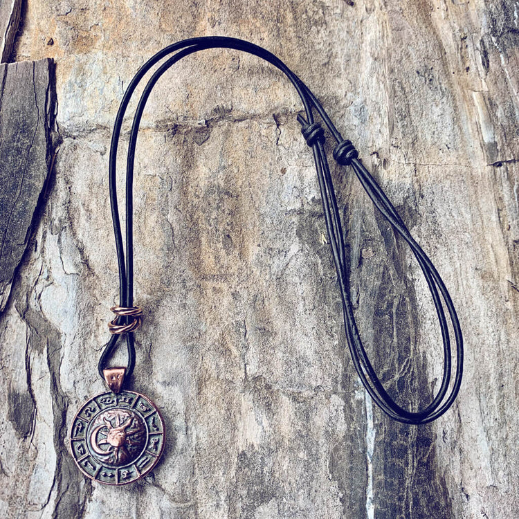 zodiac // men's sun & moon medallion leather necklace - aged copper - Peacock & Lime