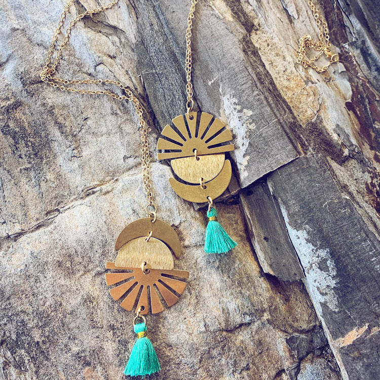 sun up & sun down // crescent moon, sun rays & tassel drop necklaces by Peacock & Lime