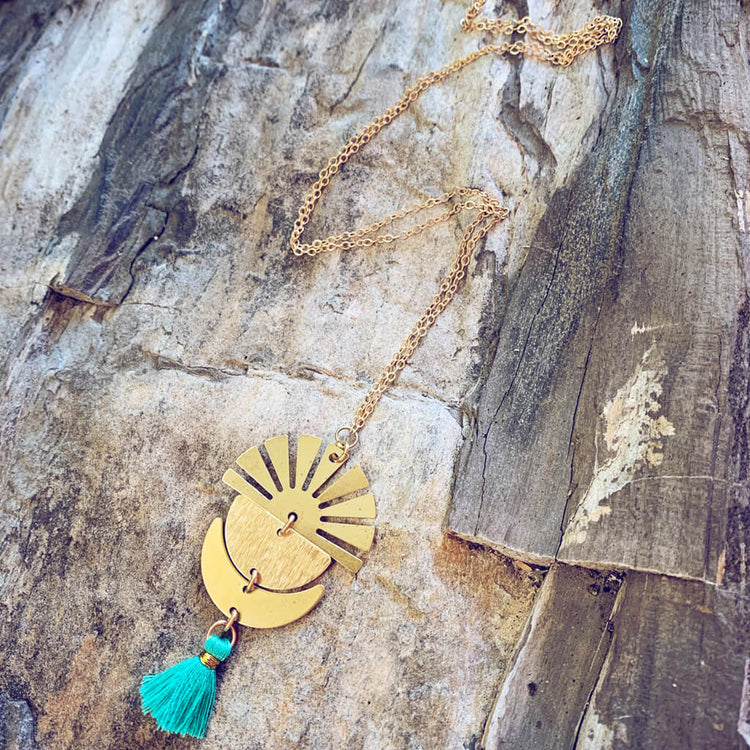 sun up // crescent moon, sun rays & tassel drop necklace by Peacock & Lime