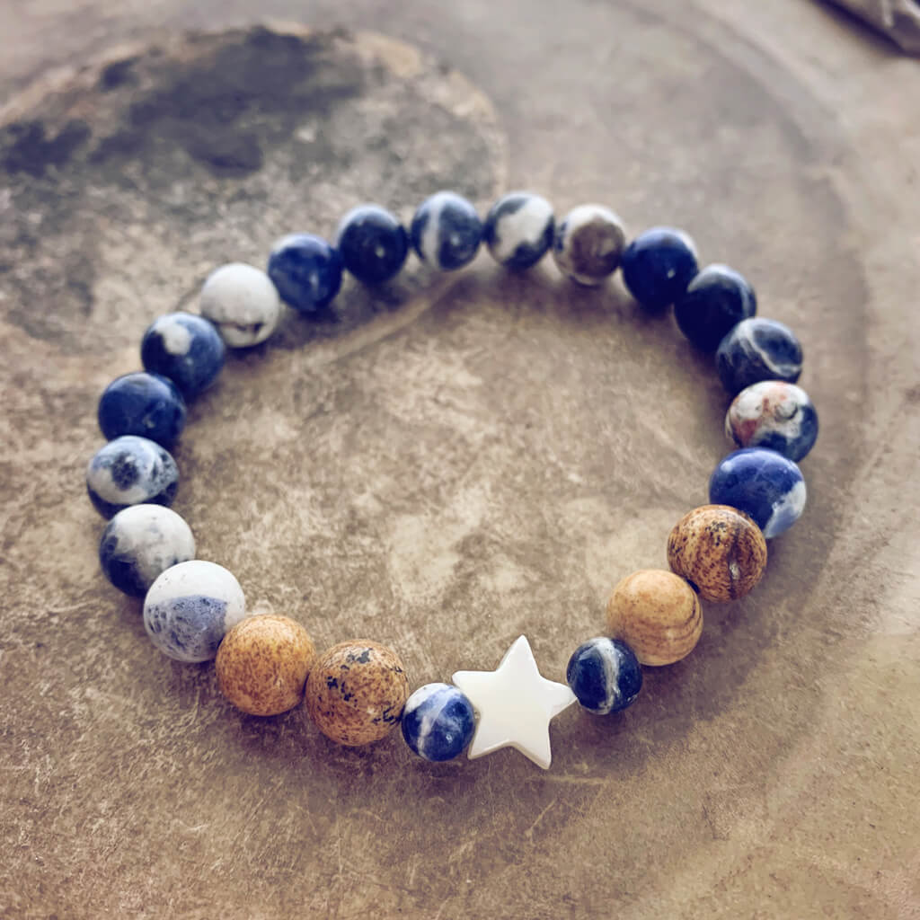surf & shore // sodalite and picture jasper mala bead bracelet with shell star by Peacock & Lime