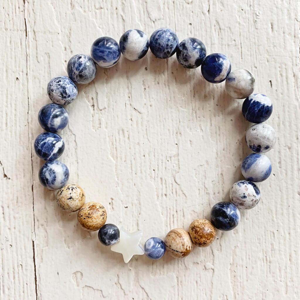surf & shore // sodalite and picture jasper mala bead bracelet with shell star by Peacock & Lime