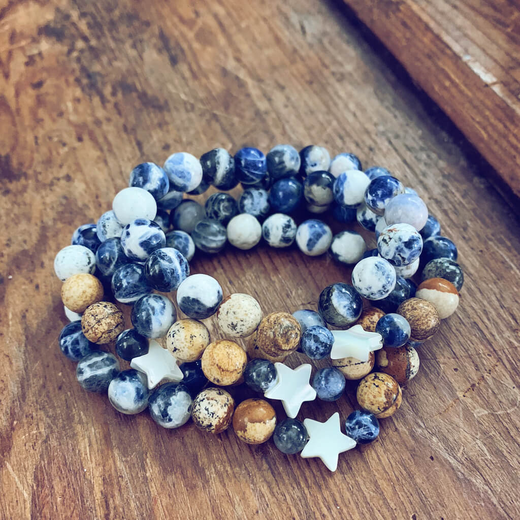 surf & shore // sodalite and picture jasper mala bead bracelet with shell star by Peacock & Lime