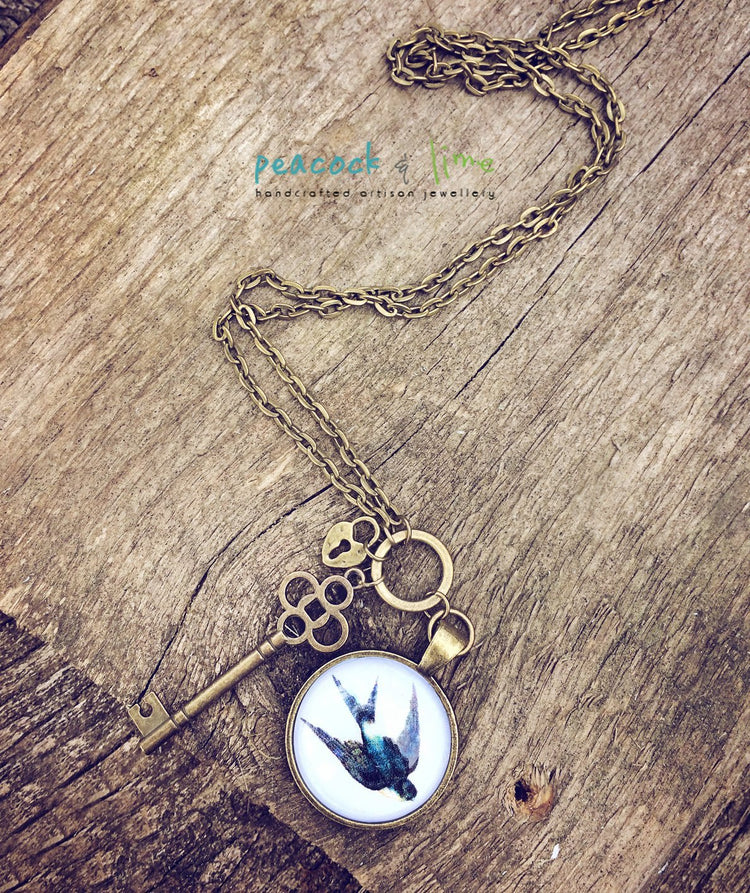 swallow bird, lock and key pendant necklace - Peacock & Lime , the original Peacock and Lime boho jewelry