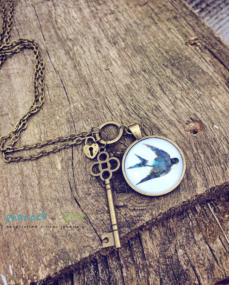 swallow bird, lock and key pendant necklace - Peacock & Lime , the original Peacock and Lime boho jewelry