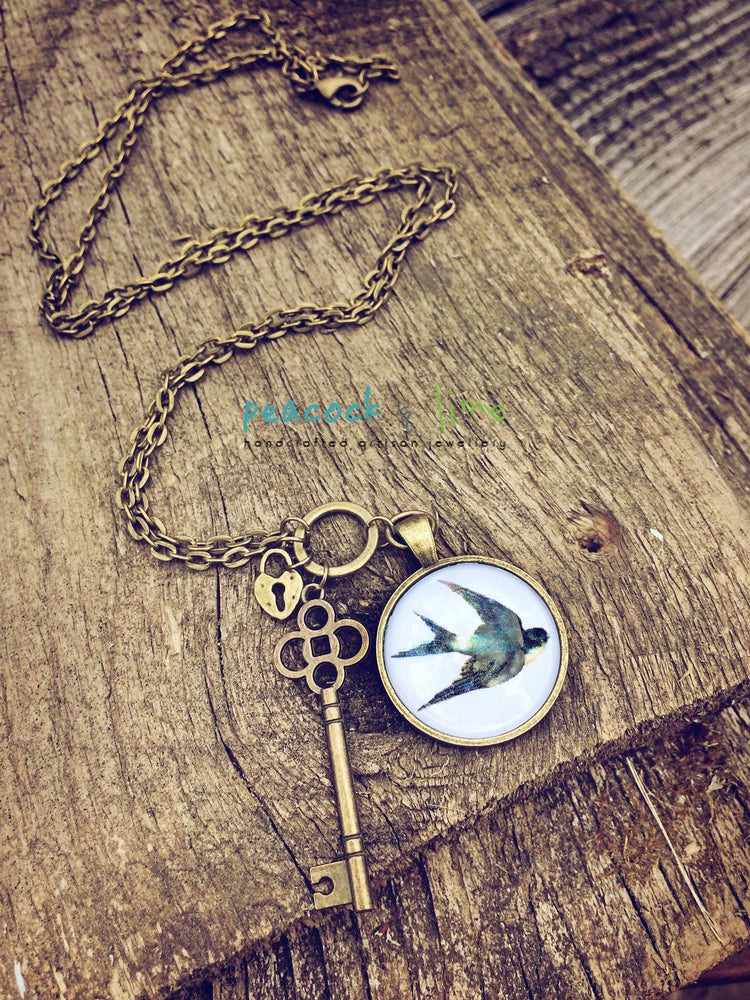 swallow bird, lock and key pendant necklace - Peacock & Lime , the original Peacock and Lime boho jewelry