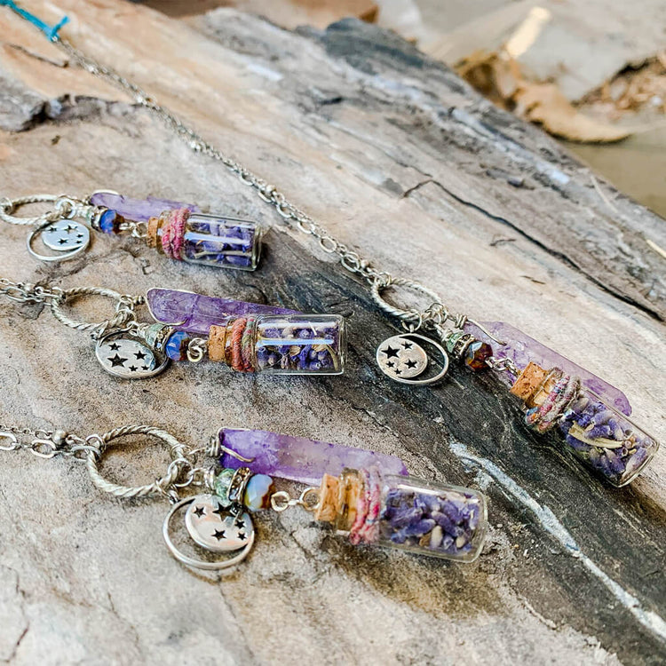 sweet dreams and starry nights lavender bottle quartz necklace - Peacock & Lime boho jewelry