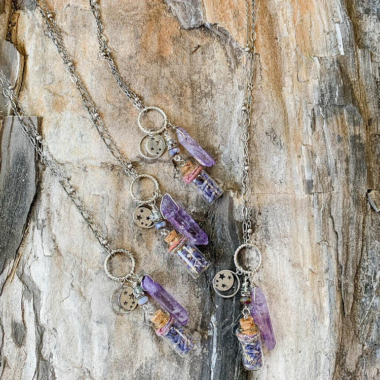 sweet dreams and starry nights lavender bottle quartz necklace - Peacock & Lime boho jewelry