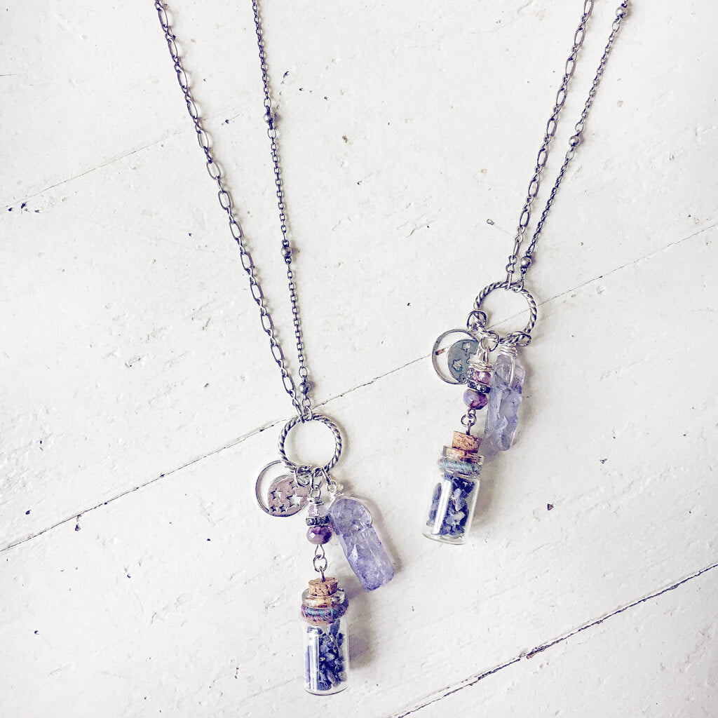 sweet dreams and starry nights lavender bottle quartz necklace - Peacock & Lime boho jewelry