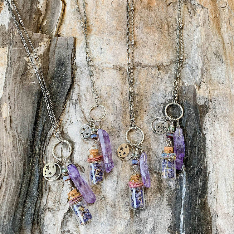 sweet dreams and starry nights lavender bottle quartz necklace - Peacock & Lime boho jewelry