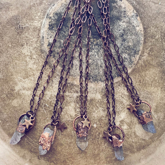 synchronicity / copper electroplated quartz gemstone pendant necklaces - Peacock & Lime
