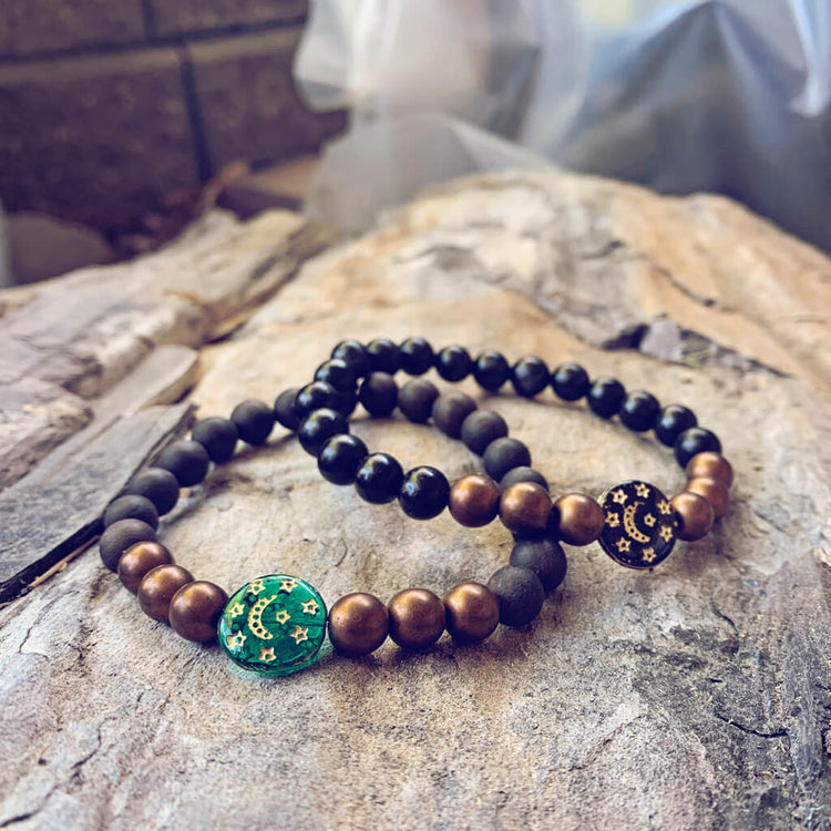 tranquility // black sandalwood and czech glass bracelets with moon & stars bead - Peacock & Lime , the original Peacock and Lime boho jewelry