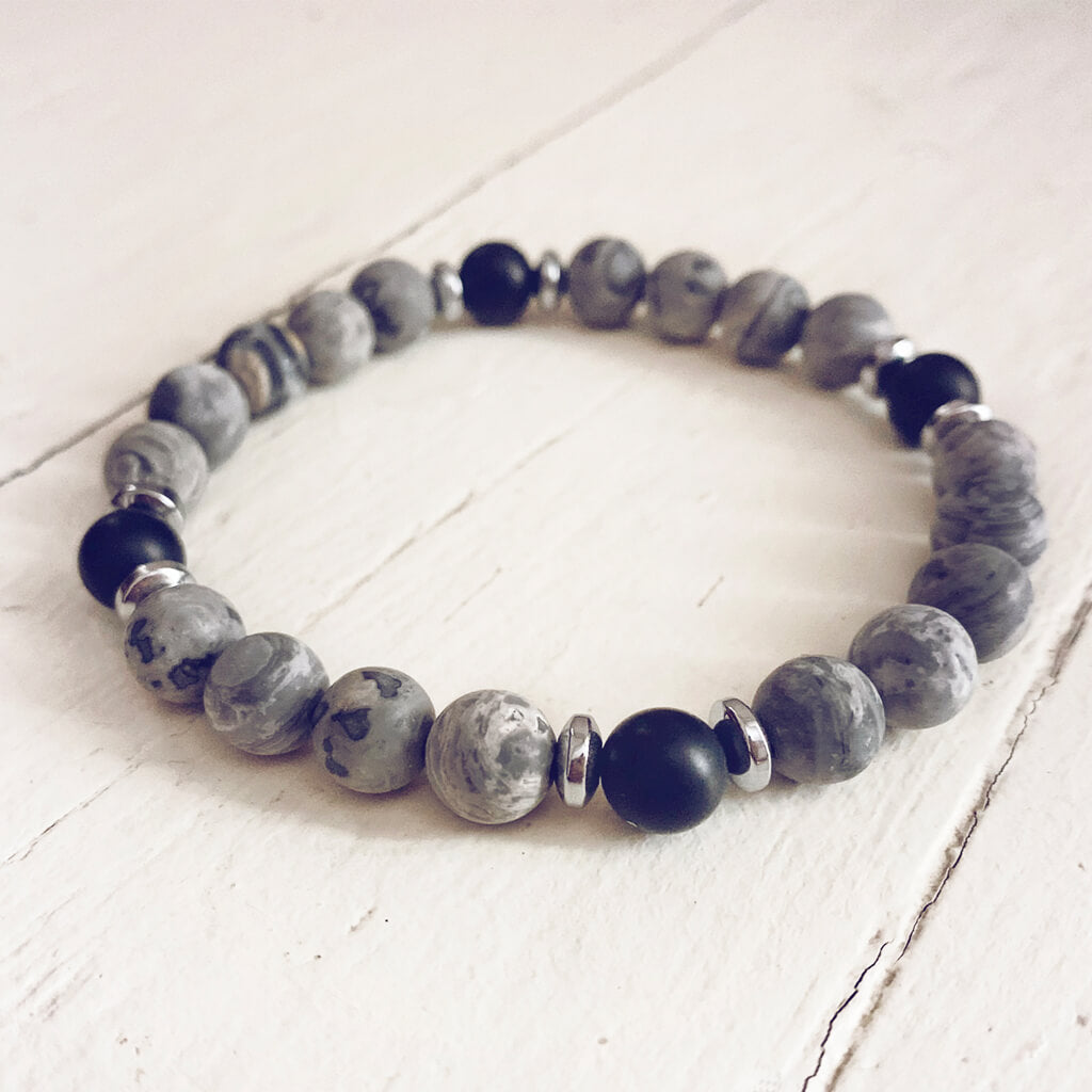 transform // map jasper, black onyx and hematite bead bracelet - Peacock & Lime