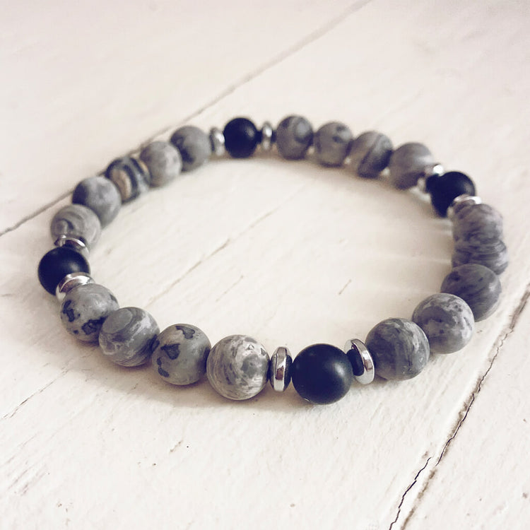 transform // map jasper, black onyx and hematite bead bracelet - Peacock & Lime