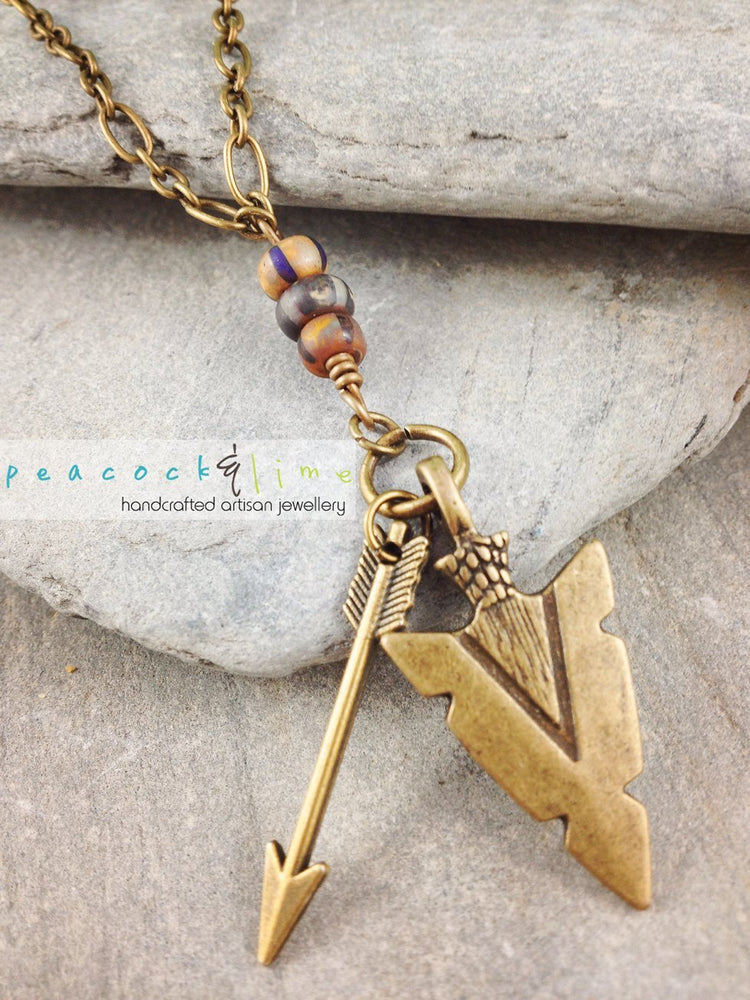 tribal arrowhead and arrow long brass necklace - Peacock & Lime , the original Peacock and Lime boho jewelry