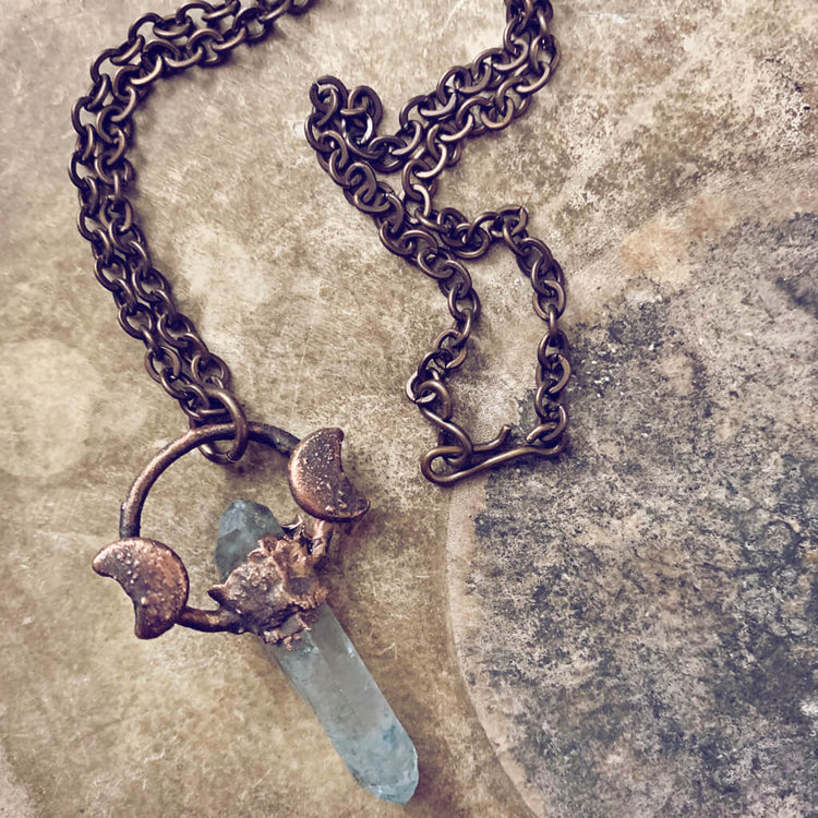 trinity / copper electroformed aqua aura quartz crystal and moon necklace - Peacock & Lime