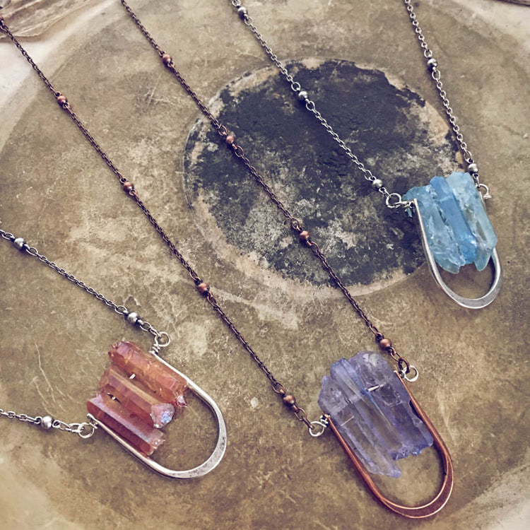 triptych // triple quartz spike pendant necklace - Peacock & Lime , the original Peacock and Lime boho jewelry
