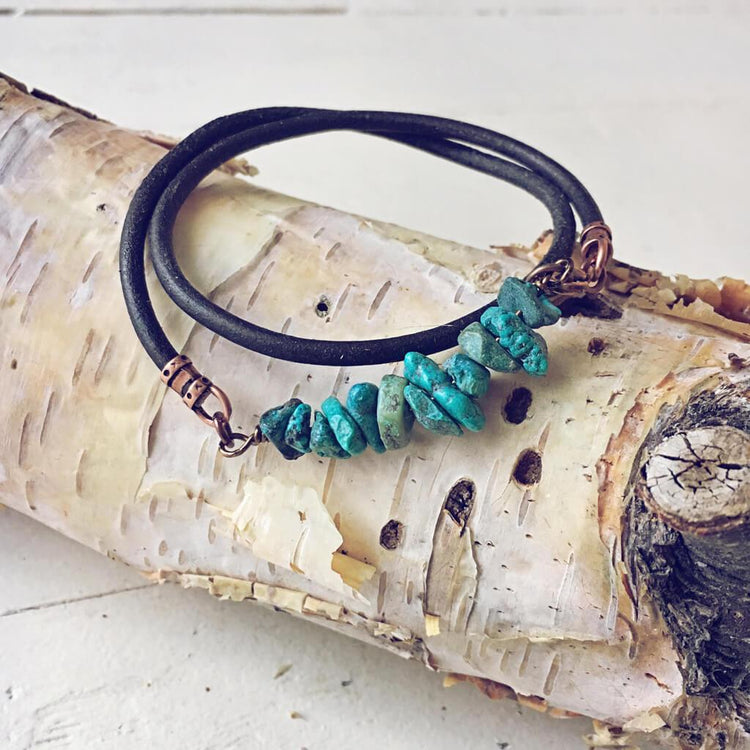 turquoise chip unisex leather wrap bracelet // choker - Peacock & Lime , the original Peacock and Lime boho jewelry