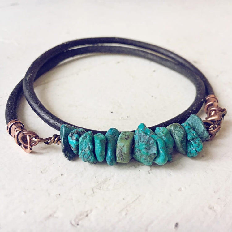 turquoise chip unisex leather wrap bracelet // choker - Peacock & Lime , the original Peacock and Lime boho jewelry