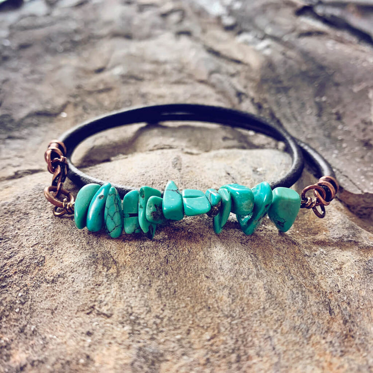 turquoise chip unisex leather wrap bracelet // choker - Peacock & Lime , the original Peacock and Lime boho jewelry