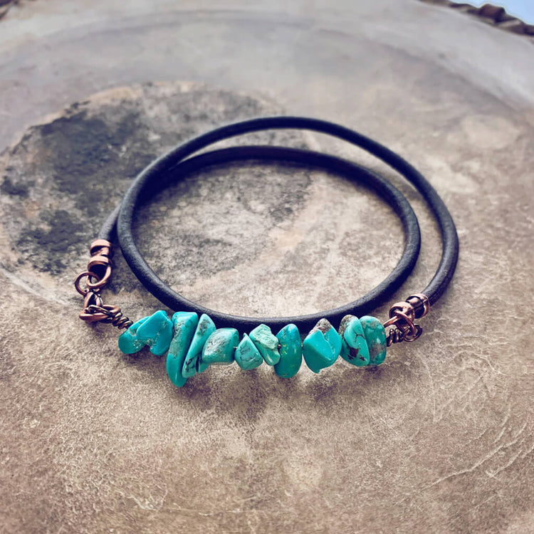 turquoise chip unisex leather wrap bracelet // choker - Peacock & Lime , the original Peacock and Lime boho jewelry