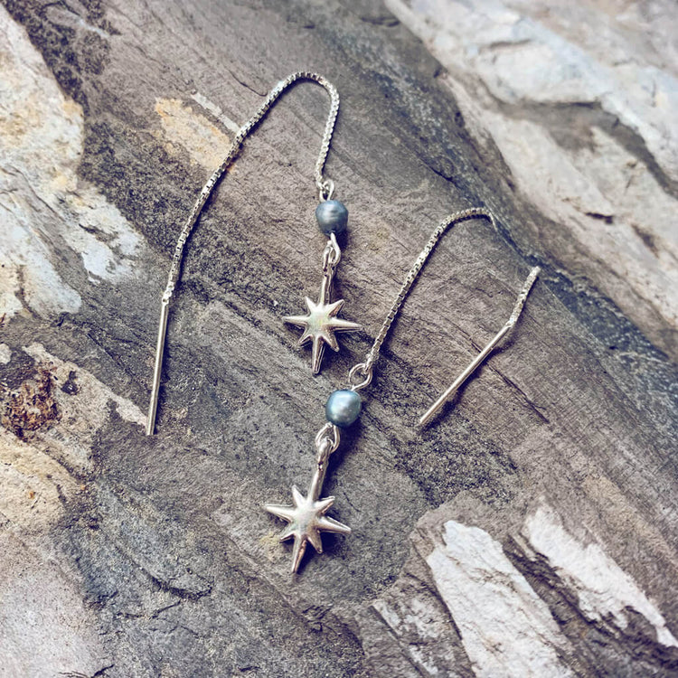 twilight star // sterling silver threader earrings with freshwater pearl & silver plated star - Peacock & Lime