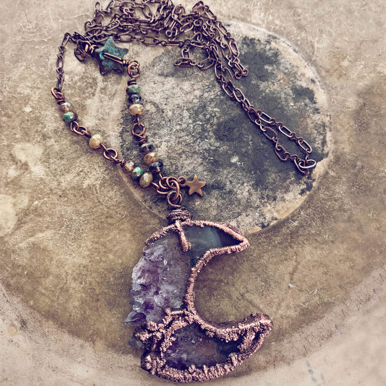 under an amethyst moon - Luna - copper electroformed crescent moon amethyst slice bohemian necklace - Peacock & Lime , the original Peacock and Lime boho jewelry