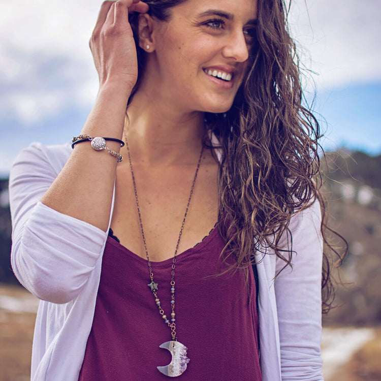 under an amethyst moon - Luna - crescent moon amethyst slice bohemian necklace and mandala star coin leather wrap bracelet - Peacock & Lime , the original Peacock and Lime boho jewelry