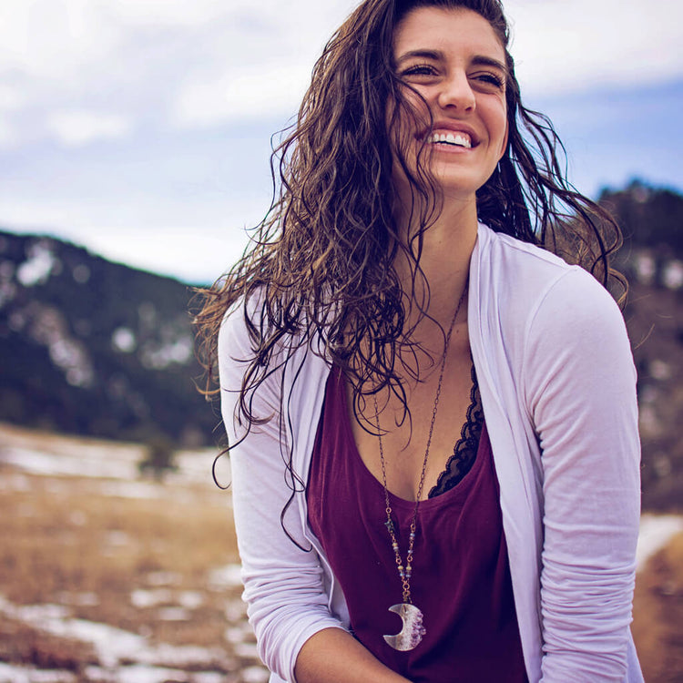 Luna // silver electroplated crescent moon amethyst slice bohemian necklace - Peacock & Lime