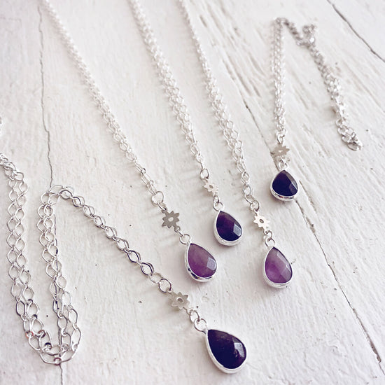 unity II - gemstone teardrop pendant necklaces - amethyst - Peacock & Lime