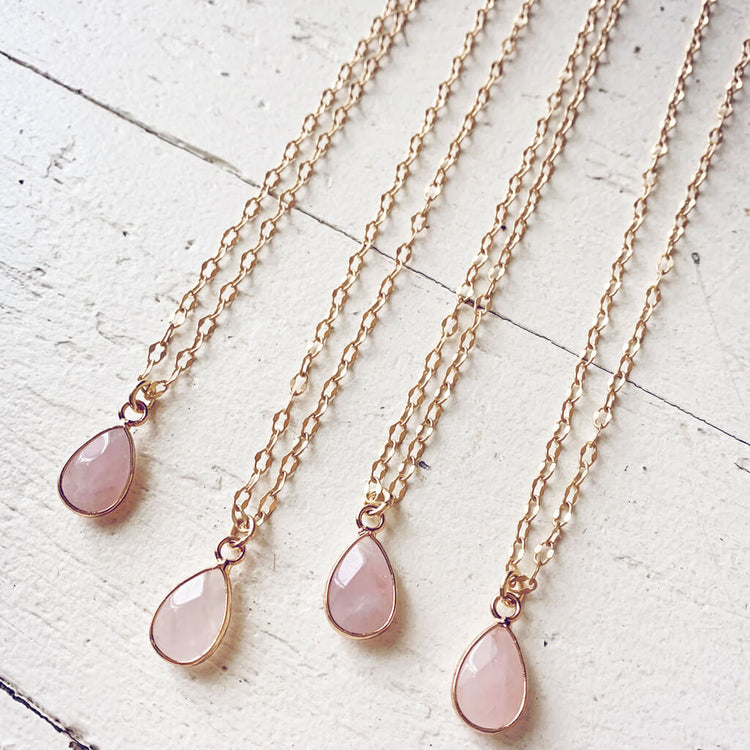 unity // rose quartz teardrop gemstone pendant necklaces by Peacock & Lime