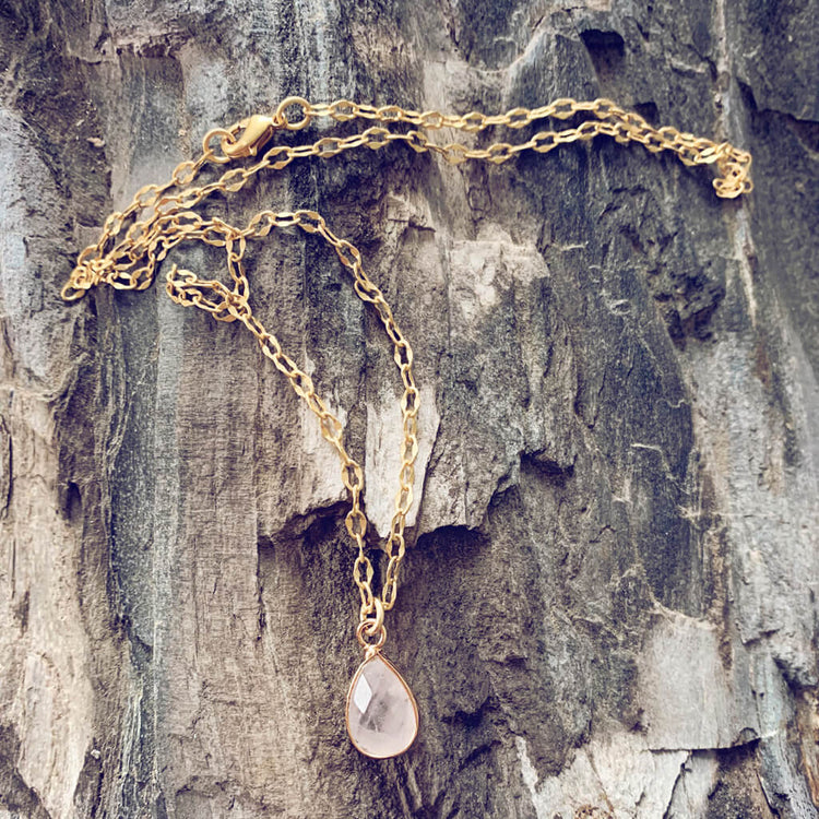 unity // rose quartz teardrop gemstone pendant necklace by Peacock & Lime