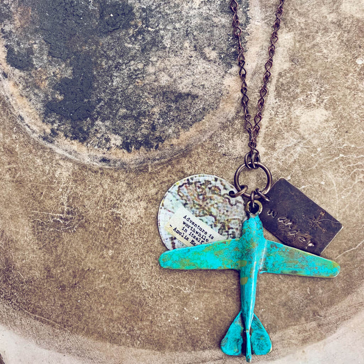 wander // distressed patina airplane, quote & map adventure necklace - Peacock & Lime