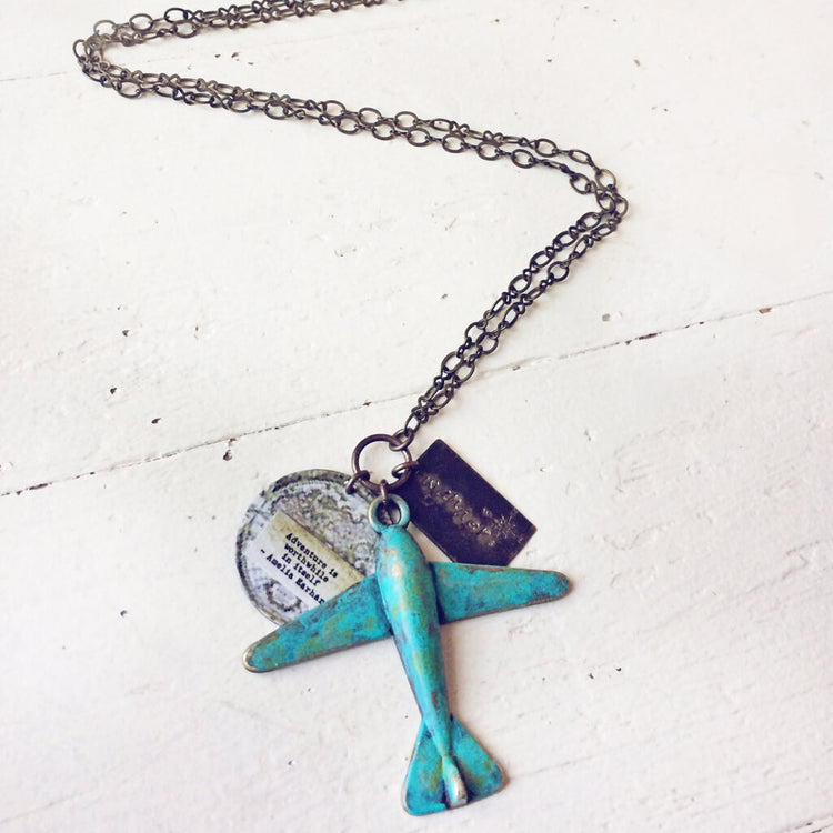 wander // distressed patina airplane, quote & map adventure necklace - Peacock & Lime