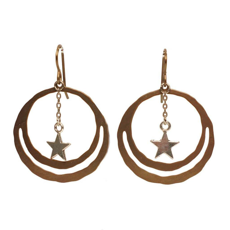 wandering orbit - shooting stars / natural brass dangle earrings - Peacock & Lime