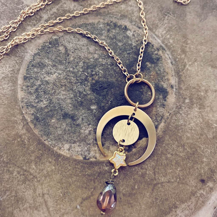 wanderstar crescent moon full moon druzy star and czech glass bead pendant necklace - Peacock & Lime , the original Peacock and Lime boho jewelry