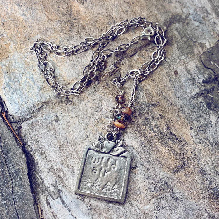 Get Lost or Wild Air pewter handstamped nature pendant necklace - wild air - Peacock & Lime