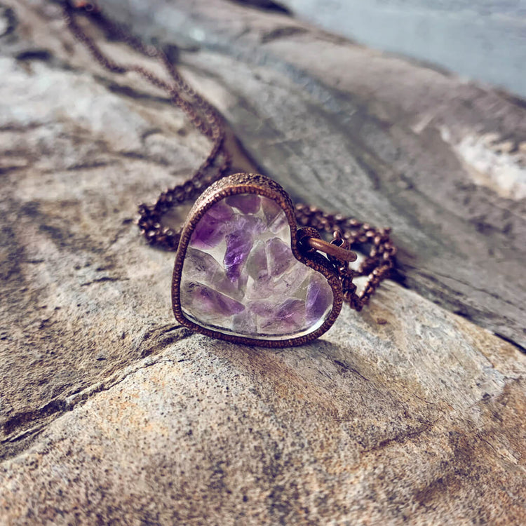 wild at heart // copper electroformed amethyst chip heart pendant necklace by Peacock & Lime