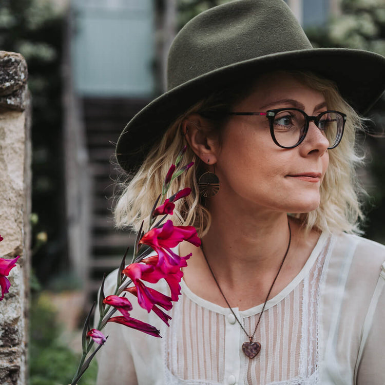 wild at heart // copper electroformed amethyst chip heart pendant necklace worn on model - Beth - by Peacock & Lime