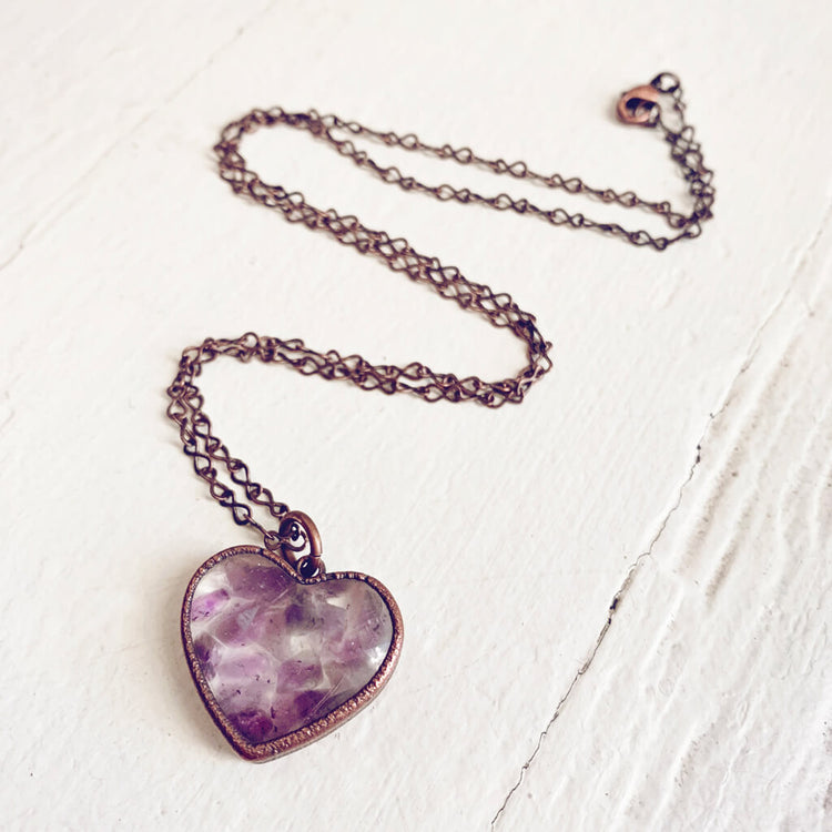 wild at heart // copper electroformed amethyst chip heart pendant necklace by Peacock & Lime