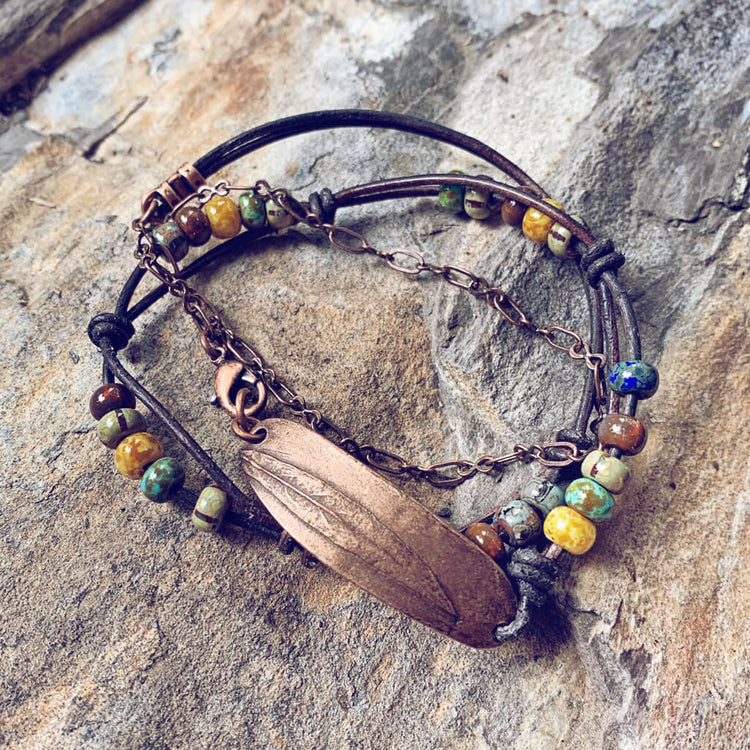 willow leaf // pewter leather, bead and chain wrap bracelet - copper - Peacock & Lime